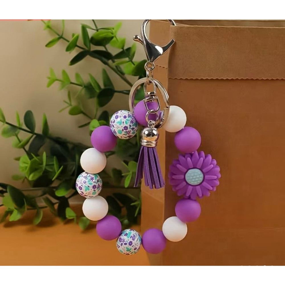 Women's Key & Card Holder One Size Purple White Beaded Keychain